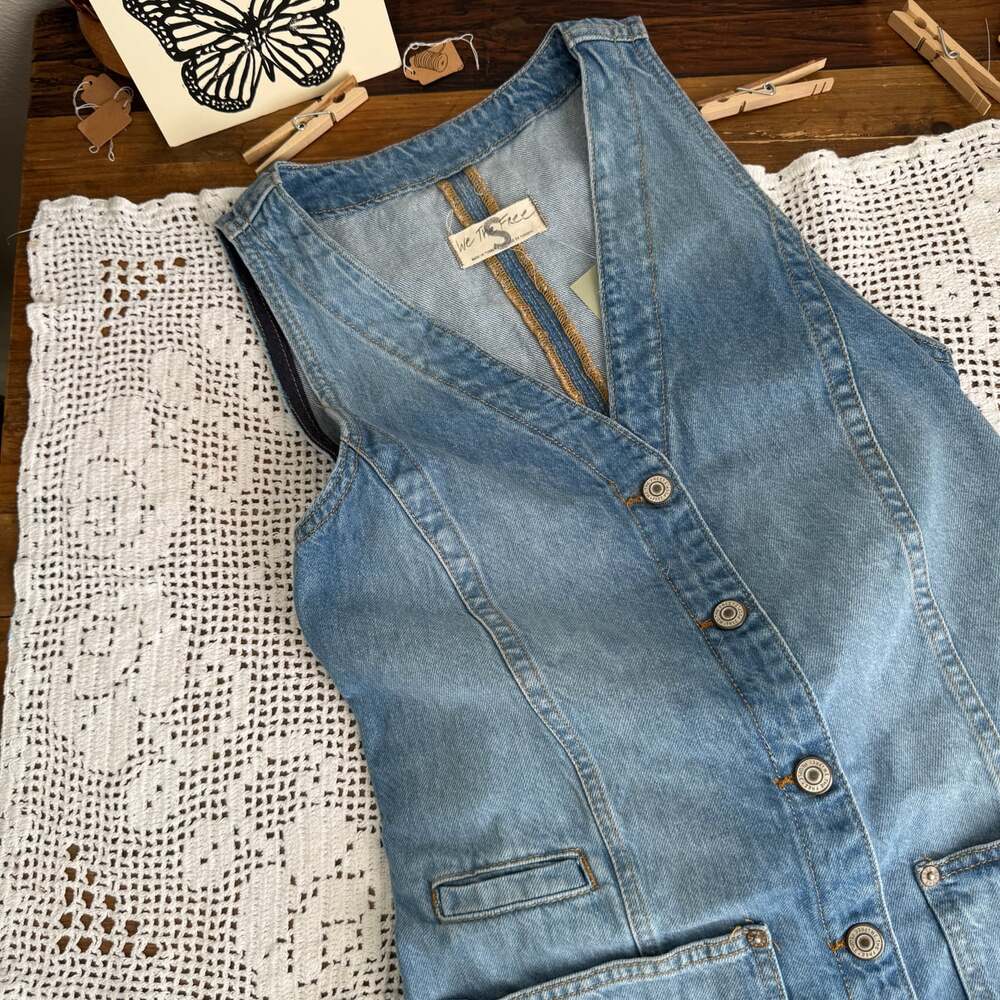 Free People Out of Office Blue Denim Buttoned Vest Dress XS Small - Picture 5 of 8
